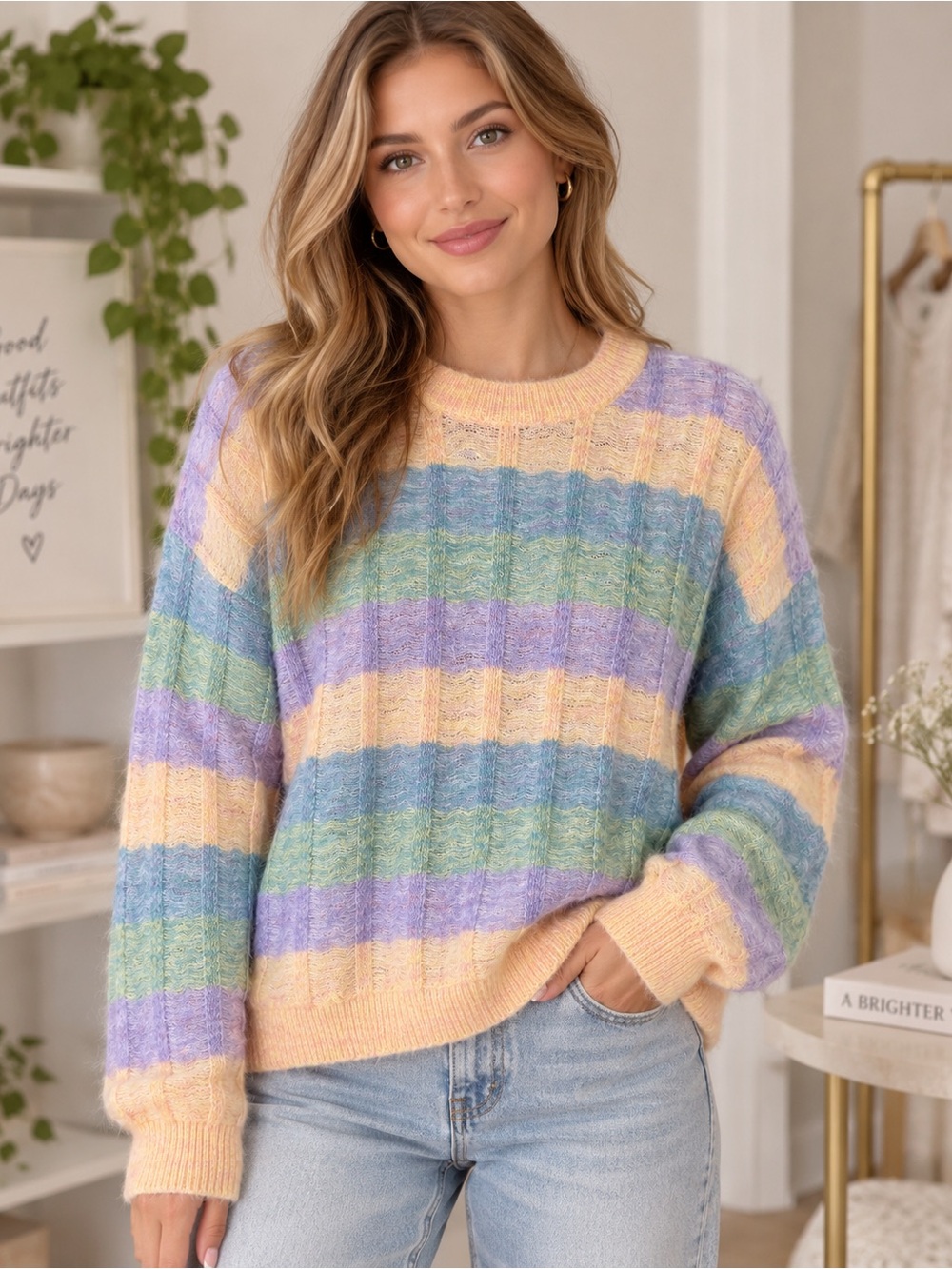 New In Pastel Striped Fuzzy Knit Sweater